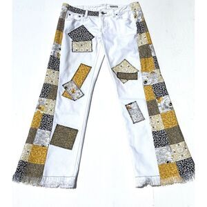 OOAK Honey Bee Boho Patchwork Reworked Vintage Jeans Custom Upcycle 32x30 Frayed